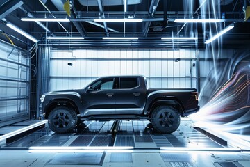 A modern pickup truck in an active wind tunnel for an aerodynamics test.