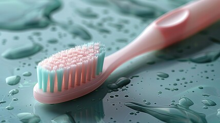 Depicted on a white background is a pink toothbrush with green and white bristles, emphasizing dentistry and teeth cleaning. - obrazy, fototapety, plakaty