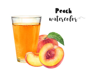 Watercolor illustration of peaches and juice close-up. Design template for packaging, menu, postcards.