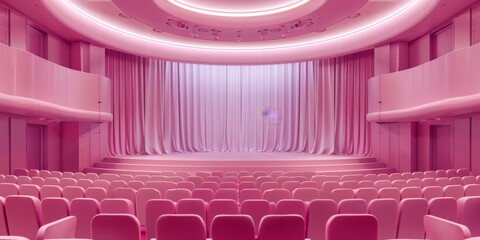 Empty super modern pink theater interior with seats and open stage, culture concept