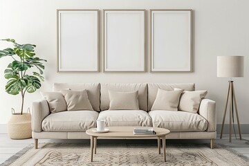 Living room interior with white wall, beige sofa, Photo Mockup, Ai Generated