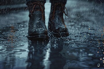 Wet female legs in black boots standing in a puddle, Ai Generated - Powered by Adobe