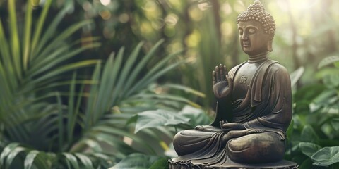 Meditative zen buddha statue with copy space jungle background