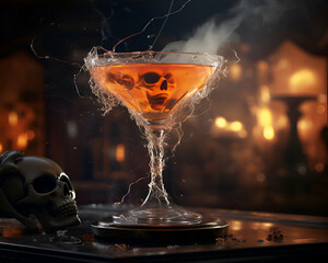 Spooky Halloween concept. Glass of martini with skull