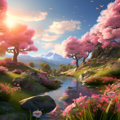 Beautiful spring landscape with cherry blossom trees and lake at sunset