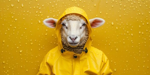 Sheep wearing yellow raincoat isolated on yellow background