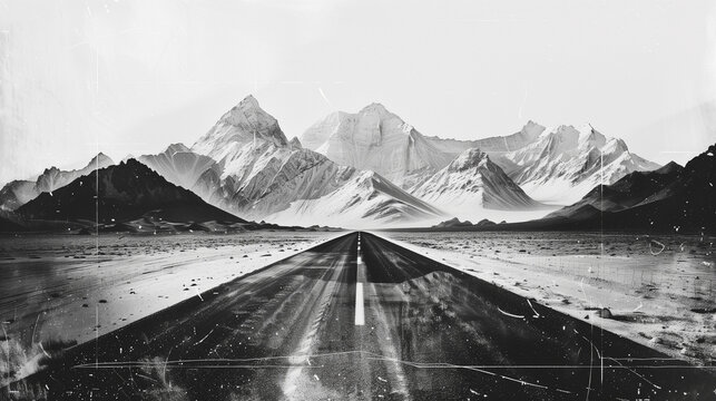 Abstract art background of the road lead to the mountains in black and white