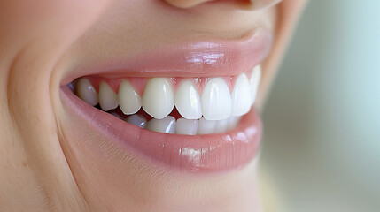 Beautiful female smile after teeth whitening procedure. White tooth. Dental care. Dentistry concept. Background.