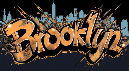 The word "Brooklyn" - graffiti inscription with chrome effect. Spray painted tag, street art design. Wallpaper and background resource.