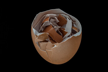 White egg shells on black background: recycling, nature and minimalism concept