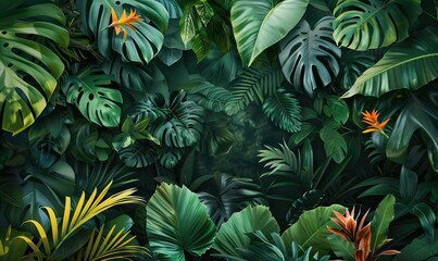 Fototapeta na wymiar Seamless hand drawn tropical pattern with bright hibiscus flowers and exotic palm leaves on dark background. AI generated illustration