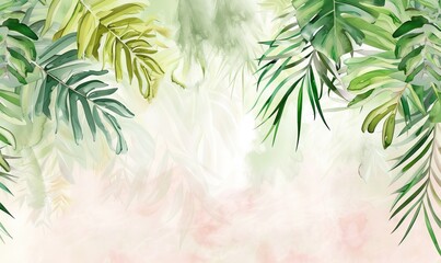 wallpaper watercolor style illustration with 3d hanging palm luxury leaves. AI generated illustration