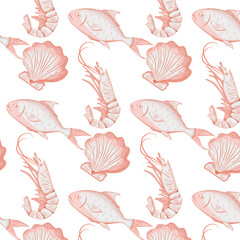 pattern sea food, fish, shrimps, shells, background, poster sea food