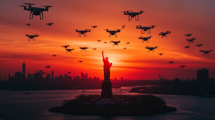 Swarm of UAV Unmanned Aircraft Drones Flying Near The United States Statue of Liberty In New York. - 771036042