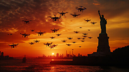 Swarm of UAV Unmanned Aircraft Drones Flying Near The United States Statue of Liberty In New York. - 771036058