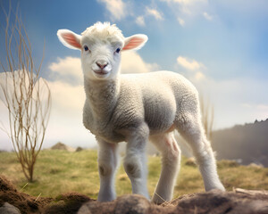 Obraz premium Cute lamb standing in the field with blue sky and clouds background
