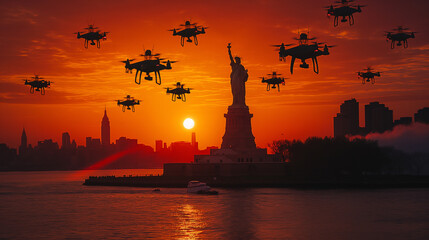 Swarm of UAV Unmanned Aircraft Drones Flying Near The United States Statue of Liberty In New York. - 771036094
