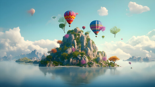 Colorful hot air balloons flying over the islands. 3D rendering