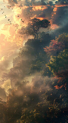 Fototapeta premium This enchanting image captures a dreamy forest scene bathed in sunlight with birds flying amidst the trees