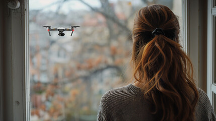 Woman Seeing A UAV Unmanned Aircraft Drone Flying Just Outside The Window of Her House. - 771036430