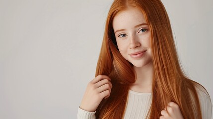 Naklejka premium Woman showcasing ginger sleek, shiny hair post-shampoo. Portrait of beauty and red haircare.