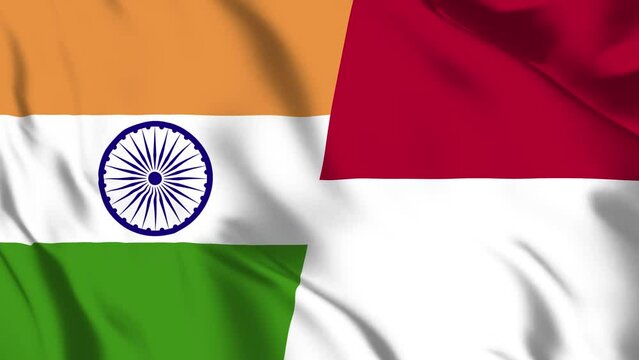 India and Indonesia Flag waving in loop and seamless animation. Indian vs Indonesia Flag background. Indonesia and India Flag for relation, political or military conflict, Peace, Unity, and economy.