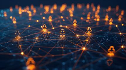 A network of interconnected people and digital connections, representing the global scale or social connection concept with glowing icons on a dark background. Partnership of business concept.