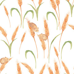 Watercolor wheat with mouses seamless pattern - hand drawn on white background surface design for fabric, decor, wedding, business package.