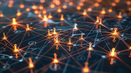 A network of interconnected people and digital connections, representing the global scale or social connection concept with glowing icons on a dark background. Partnership of business concept. - obrazy, fototapety, plakaty