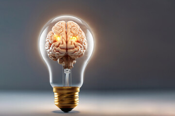 A light bulb with a brain inside on a gray background.  AI generative. - obrazy, fototapety, plakaty