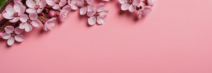 Obraz premium Spring cherry blossom on a pink background. Wide Banner. pastel colors, greeting card design for holiday, Mother's Day, Easter, Valentine's Day. copy space. Flat lay, top view