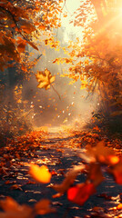 This image captures the essence of autumn with a sunlit pathway lined with trees shedding their vibrant leaves