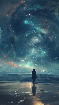 Serene image capturing a woman silhouetted against an otherworldly swirl of stars and galaxies above a tranquil beach