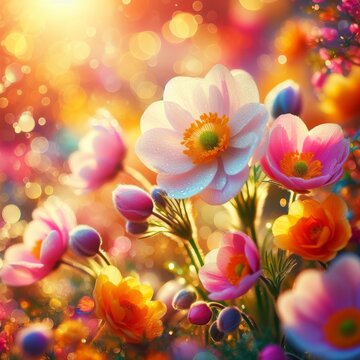 Colorful spring flowers in warm sunlight.