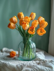 Una explosión de tulipanes en tonos de atardecer ejecutan un tango sobre la mesa, sus pétalos una ardiente muestra de la vivacidad de la naturaleza, cada uno un trazo audaz de color. - obrazy, fototapety, plakaty