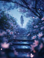 Una figura asciende a través de un jardín etéreo, donde las flores resplandecen como luces de hadas contra el crepúsculo azul. La escena es una tranquila sinfonía de color. - obrazy, fototapety, plakaty