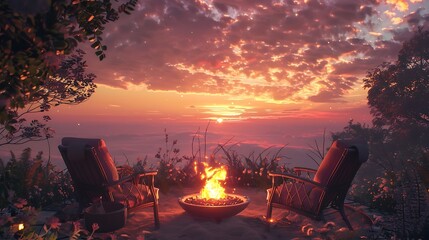 an opulent AI-generated image, portraying luxurious chairs and a cozy fire pit set against the enchanting canvas of a sunset