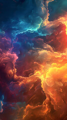 This abstract image showcases a dramatic contrast of warm and cool colors resembling a cosmic cloud display