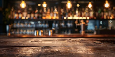 Empty wooden table top with blur background of a bar, drinking concept
