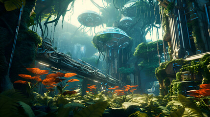 Fantasy scene with fantasy green garden.3d rendering.Illustration.