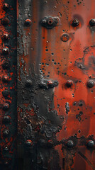 Capturing the essence of decay, this image displays a richly textured metal surface in rust and orange hues, accented with bolts and cracks