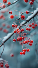 Fototapeta na wymiar A cluster of bright red berries covered in delicate frost, contrasting with the chilled blue background