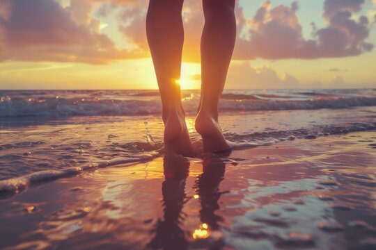 A beautiful woman's legs and feet walking on the beach in the sand, with ocean water and sunset in the landscape.