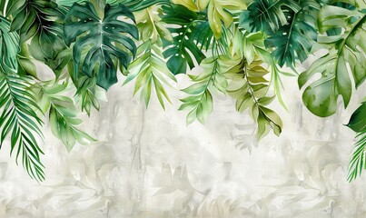 wallpaper watercolor style illustration with 3d hanging palm luxury leaves. AI generated illustration - obrazy, fototapety, plakaty
