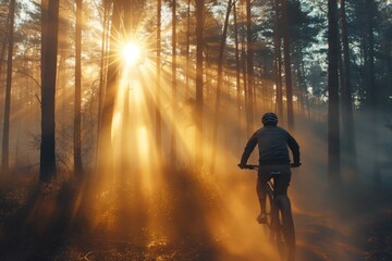 A landscape of a biker in the forest, riding his bike, with sun rays shining through the trees.
