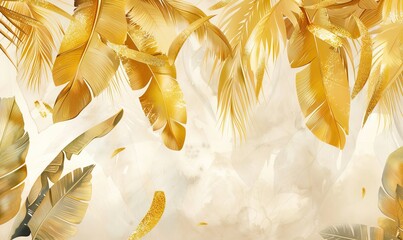 watercolor gold 3d palm banana leaves hanging down wallpaper. AI generated illustration