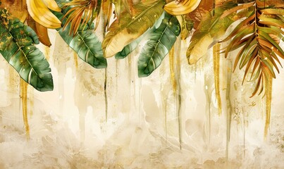 watercolor gold 3d palm banana leaves hanging down wallpaper. AI generated illustration - obrazy, fototapety, plakaty