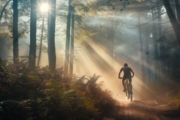 A landscape of a biker in the forest, riding his bike, with sun rays shining through the trees.