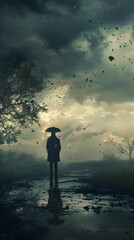 Obraz premium A dramatic and emotional portrayal of a lone person standing under an umbrella amidst a downpour, with windswept leaves and a fading sunset