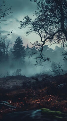 A moody depiction of a mist-covered forest with twisted trees setting an eerie atmosphere